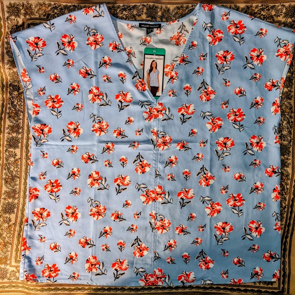 Hilary Radley Size XL Blue Floral Blouse NWT